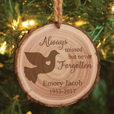 Remember a loved one with a personalized memorial ornament. The design features the phrase "Always Missed But Never Forgotten". They add the name of your choice, along with memorial years. A beautiful addition to your tree this Christmas. Dove Ornaments, Wood Burning Crafts, Never Forgotten, Wood Burning Art, Wooden Christmas Ornaments, Memorial Ornaments, Christmas Ornament Sets, Personalized Glass, Wood Ornaments