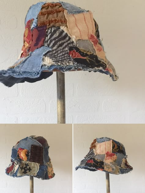 Tattered upcycled hat | itzachicthing Upcycled Hats, Patchwork Hat, Sewing Hats, Clothing Upcycle, Funky Hats, Hat Patterns To Sew, Women Hats Fashion, Denim Ideas, Hat Ideas