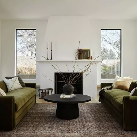 Olive Green Couches, Olive Living Rooms, Green Couch Living Room, Green Sofa Living Room, Olive Sofa, Coffee Table Ideas, Black Coffee Table, Green Couch, Austin Homes