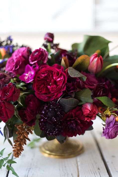 Wedding Flowers: Deep Jewel-Toned Designs at The St. Regis in Washington, D.C. » Sweet Root Village Blog Black Jewel Tone Wedding, Fall Seasonal Flowers Wedding, Moody Centerpieces, Dark Jewel Tone Bouquet, Jewel Tone Florals Wedding, Jewel Tone Boutonniere, Dark Wedding Flowers Jewel Tones, Wedding Flowers Jewel Tones, Jewel Tone Flowers