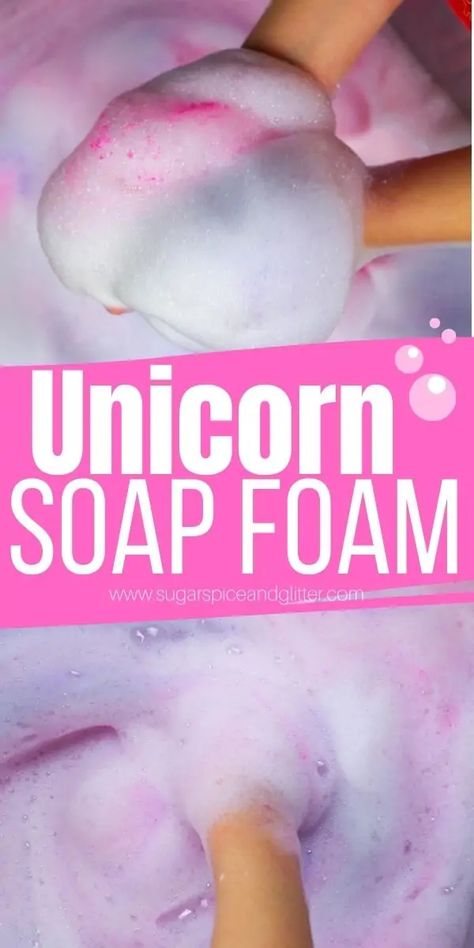 Unicorn Sensory Play, Foam Sensory Bin, Fairytale Activities, Preschool November, Unicorn Soap, Purple Soap, Soap Foam, Bubble Foam, Homemade Bubbles