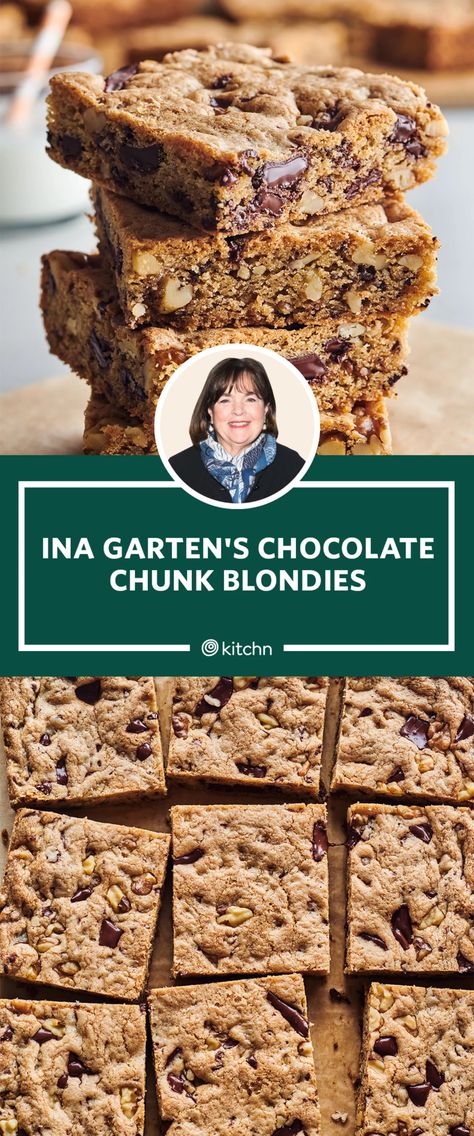 Ina Garden Brownie Recipe, Ina Garden Recipes Desserts, Ina Garten Chocolate Chip Cookies, Chocolate Chunk Blondies, Best Ina Garten Recipes, Ina Garden, Butterscotch Blondies, Chocolate Chunk Brownies, Chocolate Cookie Bars