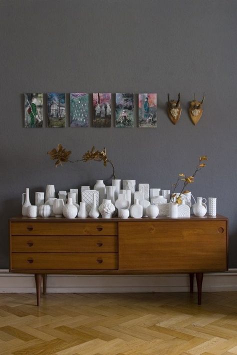 Milk glass Milk Glass Planter, Milk Glass Collection, Vase Collection, Beautifully Organized, White Vases, The Design Files, Displaying Collections, Danish Modern, Home Decor Inspiration