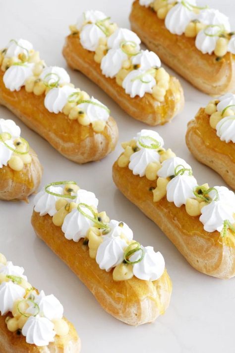 15 Passion Fruit Dessert Recipes Perfect for Your Spring Date Night - Brit + Co Passionfruit Dessert, Passion Fruit Ice Cream, Kue Macaroon, Eclair Recipe, Patisserie Fine, Fruit Cream, Italian Meringue, Fruit Dessert Recipes, Choux Pastry