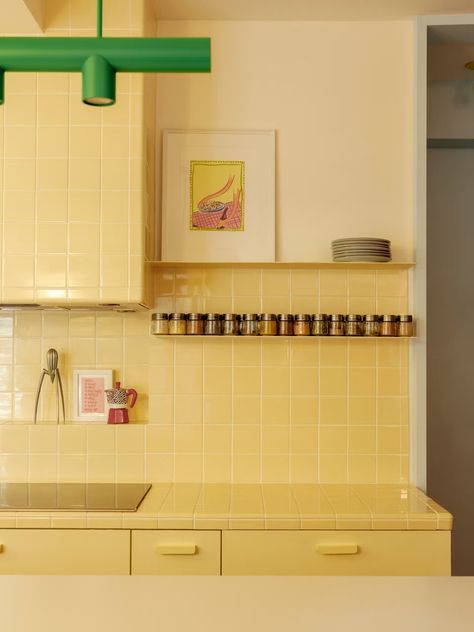 Photo 5 of 40 in Before & After: This Color-Obsessed Quebec Designer Lives Above Her Studio - Dwell Kitchen 70s Modern, Yellow And Blue Kitchen, Condominium Kitchen, 70’s Kitchen, Vibrant Office, Yellow Tiles, 80s Kitchen, Monochrome Kitchen, Trend 2025