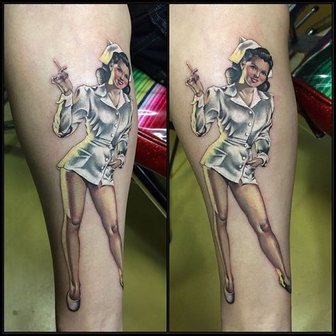 Realistic Pinup Tattoo, Nurse Pinup Tattoo, Nurse Pin Up Tattoo, Nurse Pinup, Pin Up Nurse, Nurse Tattoo Ideas, Zombie Pin Up, Pin Up Girl Tattoo, Nurse Tattoo