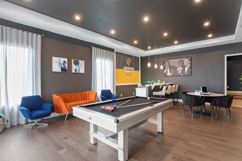 Game Room Tv Wall Ideas, Modern Billiard Room, Family Playroom, Entertaining Room, Modern Game Room, Games Room Inspiration, Garage Game Rooms, Sports Bars, Recreation Room