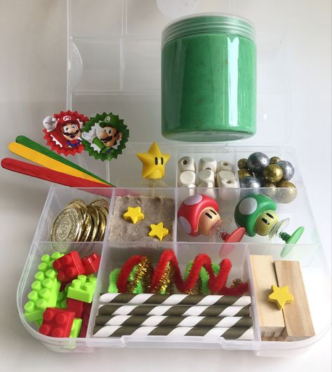 Super Mario Sensory Bin, Mario Sensory Bin, Slime Sensory Bin, Super Mario 5th Birthday, Super Mario 5, Slime Kits, Green Slime, Slime Making, Slime Kit