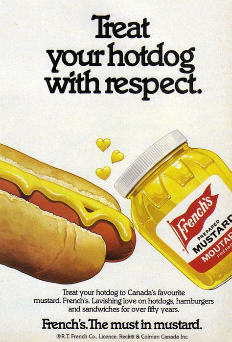 The little yellow mustard hearts are so cute! :) #hearts #1980s #retro #food #vintage #ad #hot_dogs #mustard Draplin Design, Vintage Food Posters, Food Advertising, Old Advertisements, Food Ads, Retro Advertising, Retro Ads, Retro Recipes, Old Ads