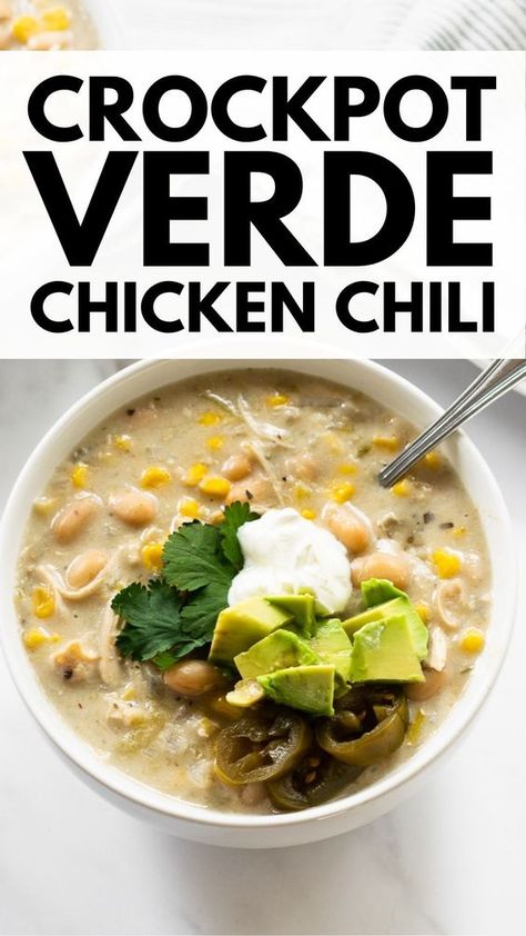 This slow cooker verde chicken chili is homemade, full of flavor, satisfying, and easy to make. Add all the ingredients to the slow cooker and dinner is done when you get home! Get creative with your toppings or use what you have on hand! Verde Chicken Chili, Breakfast Recipes Meal Prep, Chicken Chili Verde, Easy Recipes Breakfast, Chicken Recipes Pasta, Chicken Verde, Chicken Chili Crockpot, Slow Cooker Chicken Chili, Verde Chicken