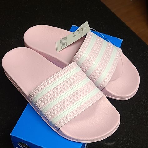 3 Stripe Logo Footband, Pink, Contoured Toe Rest Pink Adidas Slides, Adidas Cushioned Slide Flip Flops, Adidas Non-slip Slides With Round Toe, Adidas Logo Slip-on Slides For Summer, Adidas Synthetic Slip-on Slides, Adidas Pink, Adidas Adilette, Pink Adidas, Shoes Adidas