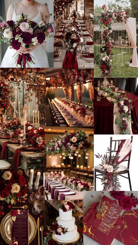 Maroon And Gold Wedding Theme Receptions, Maroon And Cream Wedding Theme, Red And Black Wedding Color Schemes, Green Red And Gold Wedding Theme, Wedding Theme Red And Gold, Red Wine Theme Wedding, Dark Red And White Wedding Theme, Red And Gold Wedding Flowers, Wedding Burgundy Decoration