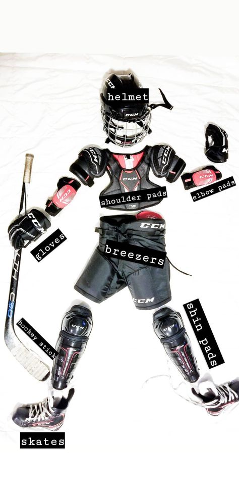 All the gear and all the names! Get the run down on hockey gear for your kiddo! Zombie Batman, Hockey Outfits, Hockey Gear, Hockey Clothes, Women's Hockey, Hockey Season, T Bag, Hockey Equipment, Very Busy