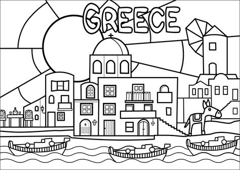 Pretty village in Greece, with typical architecture (simple version) - JustColor.net : Free printable coloring pages for adults and kids Greece Coloring Pages, Houses Coloring Pages, Greece Drawing, Architecture Simple, Ancient Greece Mythology, Missions Conference, Camping Drawing, Egypt Hieroglyphics, Printable Coloring Pages For Adults