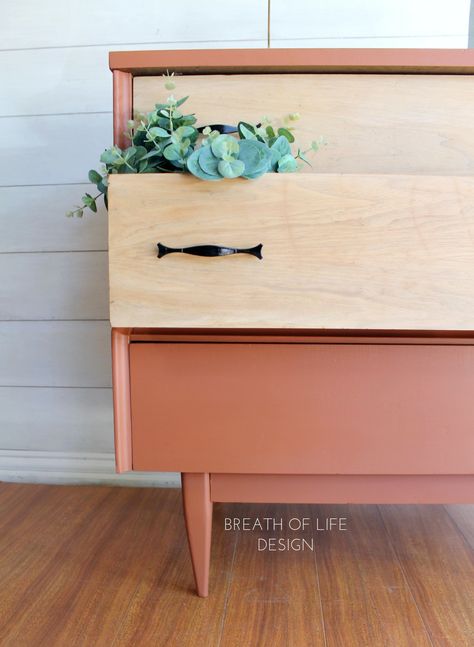 Custom mixes color to create a beautiful terra cotta shade. This mix was made with Rusty Nail, Colonel Mustard and Chocolate by Dixie Belle. I whitewashed the wood drawers to keep them looking light and bleached! Orange Dresser, Beautiful Outdoor Furniture, Rusty Nail, Dixie Belle Paint Company, Revamp Furniture, The Joy Of Painting, Paint Companies, Painted Dresser, Dresser Makeover