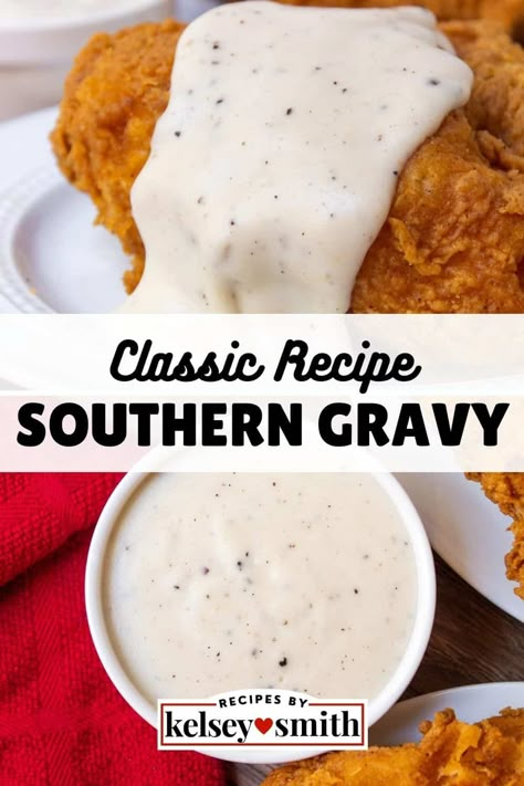 Southern country gravy is a white gravy with bacon grease, flour, whole milk, salt, and black pepper, perfect for biscuits and fried chicken. Southern country gravy goes by many names, including white gravy, country-style gravy, peppered white gravy, and Cracker Barrel sawmill gravy. Serve this creamy gravy recipe over homemade biscuits, pork chops, fried chicken, chicken fried steak, and chicken and waffles. Great for breakfast or any time of day. Southern Fried Chicken And Gravy, Gravy From Fried Chicken Grease, White Gravy With Bacon Grease, Cracker Barrel Sawmill Gravy Recipe, Cracker Barrel Gravy Recipe, Kentucky Fried Chicken Gravy Recipe, Southern Chicken Gravy, White Gravy For Chicken Fried Steak, Whataburger Gravy Recipe