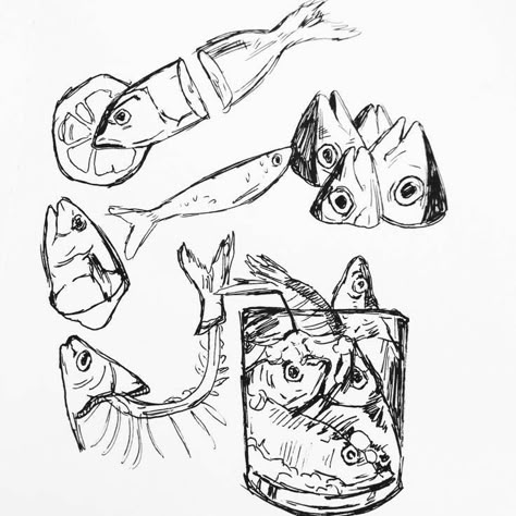 Fish Drawings Aesthetic, Creepy Fish Drawing, Fish Drawing Abstract, Ink Fish Drawing, Fish Head Illustration, Fish Sketch Drawing Simple, Cool Fish Drawings, Fish Bowl Sketch, Tinned Fish Drawing