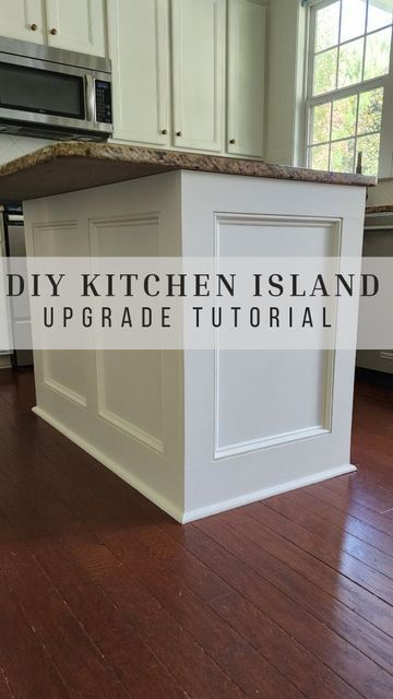 Mary Johanson | DIY Tutorials + Home Maintenance & Inspiration on Instagram: "Comment "link" below for the full blog post tutorial! What do you think? I wish I had done this a lot sooner! ✔️1x6's for the bottom ✔️1x4's for the top and verticals ✔️Picture frame molding for the inside of each "square" ✔️round shoe molding around the bottom ✔️ wood filler for seams and nail holes then sand ✔️ caulk and paint Save this for your project list! ❤ #makersgonnamake #kitchen #modernfarmhouse #maker Framed Kitchen Island, Adding Molding To Kitchen Island, Kitchen Trim Ideas Moldings, Cabinet End Panel Ideas Diy, Add Trim To Kitchen Island, Kitchen Island Moulding, Island Molding Ideas, Kitchen Island Molding Ideas, Island Paneling Ideas