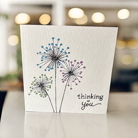 🌸 This beautiful greeting card is ready for you to send off to someone to remind them that you're thinking of them! Featuring hand drawn florals with metallic accents in shades of blue, pink and green, the simplicity of this design is the perfect touch for the hand lettered "Thinking of You" sentiment on the front.  🌸 This square greeting card is made with a high quality Cricut-brand S20 ivory watercolor card measuring 4.75x4.75" and is a 100% unique one-of-a-kind card. I only make one listing at a time, so it will look exactly like the photos. The inside of the card is left blank for your own personal touch, or optional personalization before you receive it (available at checkout).  🌸 Each greeting card is placed in a clear cellophane sleeve to protect it, and comes with a complimentar Work Of Art Stampin Up Cards Simple, Celebration Cards Handmade, Hand Drawn Sympathy Card, Simple Card Design Handmade, Homemade Thinking Of You Cards, Thinking Of You Homemade Cards, Diy Greeting Cards Ideas Simple, Hand Drawn Cards Ideas, Thinking Of You Card Ideas