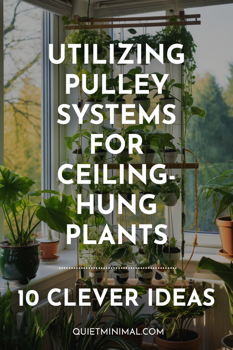 Pulley Systems for Ceiling Plants: Easy Maintenance Solutions - Quiet Minimal Pulley Plant Hanger Diy, Plant Pulley System Diy, Pulley System For Plants, Hanging Plants From Vaulted Ceilings, Ceiling Plants Hanging, Plant Pulley System, Ceiling Plants, Loft Plants, Plant Pulley