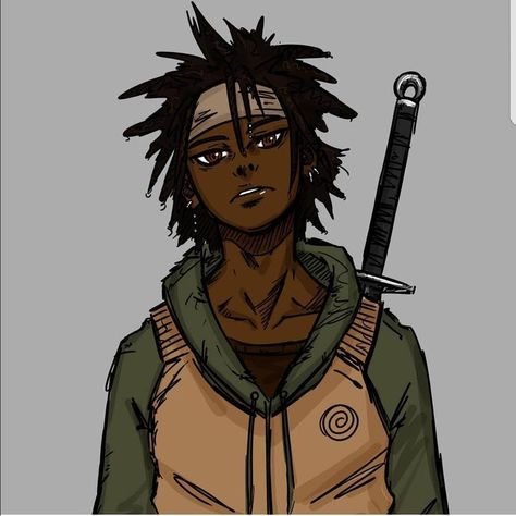 Naruto Black Characters, Anime Dreadlocks Guy, Dreadlock Character Design, Afro Anime Character, Shinobi Aesthetic, Black Anime Characters Male, Black Anime Oc, Black Male Oc, Black Anime Guy