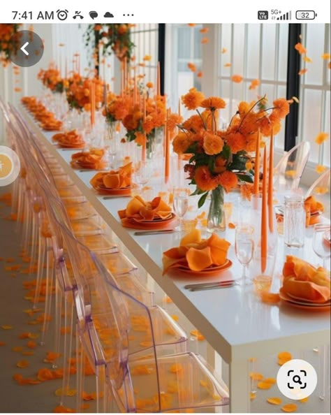 Yellow And Orange Theme Party, Tangerine Wedding Decor, Orange Theme Table Setting, Red Orange And White Wedding, Shades Of Orange Party Decor, Orange Dinner Party Decor, Orange Flowers Decoration, Tangerine Wedding Theme, Bright Orange Wedding Theme