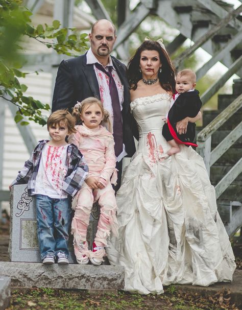 Family Halloween Costume, Zombie Bride and Groom, Zombie, Mummy, Vampire Vampire Family Costume, Zombie Family Costumes, Family Horror Halloween Costumes, Mummy Halloween Makeup, Girl Halloween Makeup, Zombie Mom, Halloween Makeup For Kids, Zombie Halloween Costumes, Cat Halloween Makeup