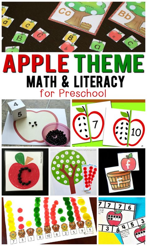 A collection of FREE Apple themed math and literacy printable activities for preschool kids. Includes number puzzles, counting, ten frames, do-a-dots, alphabet matching, letter sorting and tracing. Perfect for a Fall or Apple preschool theme. Apple Literacy Activities, Apple Songs, Preschool Apple Theme Activities, Apple Literacy, Apple Theme Activities, Preschool Apple Theme, Letter Sorting, Apple Lessons, Apple Math