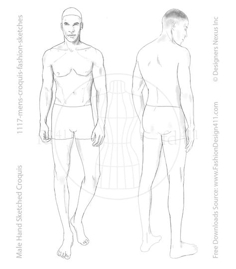 This hand-drawn fashion croquis portrays an adult male figure in a front view walking pose and a back view standing pose. Male Body Design, Man Template Drawing, Men Croquis Templates, Male Croquis Poses Fashion Illustrations, Men Fashion Illustration Template, Fashion Figure Templates Male, Mens Croquis, Men Croquis, Fashion Croquis Templates