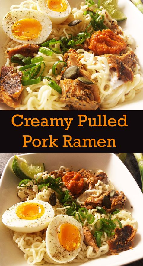 Creamy Pulled Pork Ramen : quick and easy pulled pork leftovers’ week diner ! Pulled Pork Ramen Noodle Recipes, Ramen Noodles With Pork, Easy Pork Ramen Noodle Recipes, Bbq Pork Ramen, How To Cook Pork For Ramen, Pork Chop Ramen, Pulled Pork Ramen, Pulled Pork Leftover Ideas, Pulled Pork Omelette