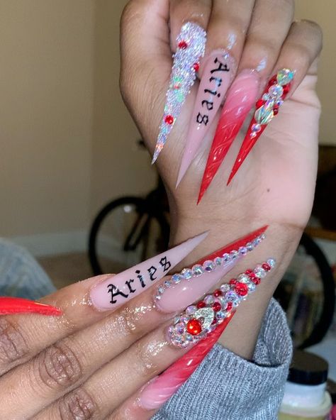 Aries Nails Acrylic, Zodiac Nail Designs, 21st Birthday Nails, Birthday Nail Designs, Nyc Nails, Funky Nail Art, Acrylic Nail Shapes, Long Acrylic Nail Designs, Nail Designs Valentines