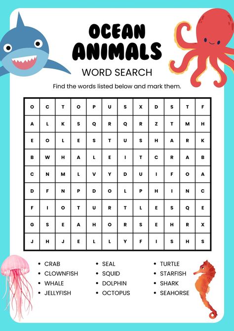 Ocean Animals Blue White English Word Search Worksheet - Templates by Canva Under The Sea Word Search, Sea Animals Worksheets For Kids, Ocean Word Search, Word Puzzles For Kids, Template Game, Ocean Words, Animal Quiz, Homeschool Preschool Activities, Animal Worksheets