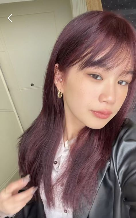 Dark Purple Hair Asian, Red Hair On Asian, Dark Red Asian Hair, Burgundy Hair Asian, Red Asian Hair, Asian Purple Hair, Dyed Asian Hair, Dyed Hair Asian, Asian Dyed Hair