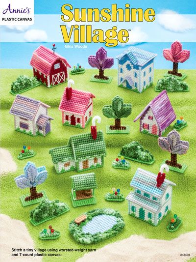 Plastic Canvas Tiny Villages Pattern – Needle Work Sunshine Village Plastic Canvas, Plastic Canvas Village Patterns Free, Plastic Canvas Village, 70s Crafts, Pond Trees, Gingerbread House Patterns, Sunshine Village, Plastic Canvas Books, Plastic Canvas Pattern