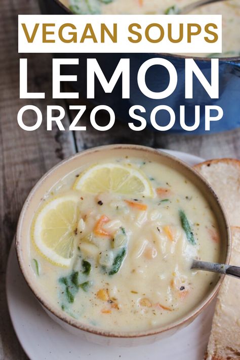 A great vegan lunch option - this fresh Greek Lemon Orzo Soup! Packed with bright lemon flavour, tender orzo pasta and veggies in a savoury plant-based broth.   Super easy to make with simple ingredients; this light yet satisfying soup is the perfect healthy, vegetarian lunch recipe. Vegan Greek Lemon Soup, Vegan Lemon Orzo Soup, Greek Lemon Orzo Soup, Orzo Soup Vegan, Greek Lemon Orzo, Vegan Lemon Orzo, Vegan Greek Recipes, Greek Lemon Soup, Lemon Orzo Soup