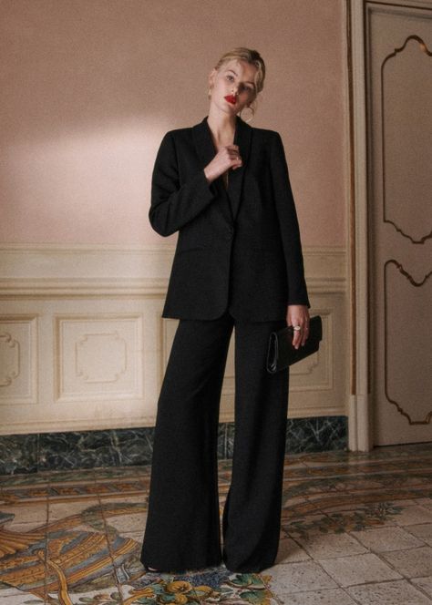 Camillo Trousers - Black - Recycled viscose - Sézane Wedding Guest Suits, French Beauty, Polo Sweatshirt, Knitwear Dress, Tailored Jacket, Black Suits, Mode Inspiration, Short Jacket, High Waisted Trousers