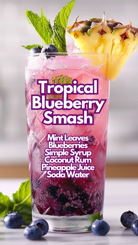 If you are craving for a refreshing and fruity drink, the Tropical Blueberry Smash is a perfect mix of blueberry, mint, and lime with a splash of coconut rum and pineapple juice. This cocktail is topped with soda water, creating a perfect balance of sweetness and fizz. Garnish with fresh fruit and mint for an eye-catching presentation. #tropicalblueberrysmash via @mybartender Mixed Drinks Alcoholic Sweet, Fruit Mixed Drinks, Blueberry Cocktails, Rum And Pineapple Juice, Coconut Rum Cocktails, Blueberry Drink, Coconut Rum Drinks, Fruity Mixed Drinks, Blueberry Cocktail