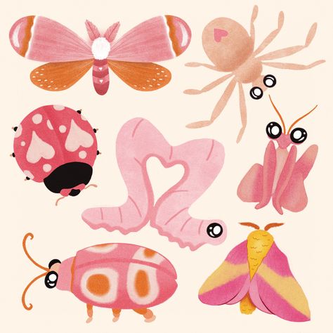 Cute Bug Character Design, Bug Illustration Cute, Cute Bug Painting, Love Bug Aesthetic, Cartoon Bugs Drawing, Bug Drawing Cute, Love Bug Illustration, Cute Bug Doodles, Cute Bugs Illustration