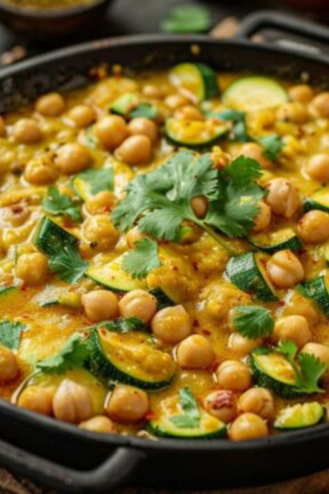 Chickpea and zucchini curry garnished with cilantro in a black pan. Recipe With Zucchini And Squash, Zucchini Easy Recipes, Zucchini Sides, Yellow Zucchini Recipes, Vegetable Side Dish Recipes, Zucchini Quiche Recipes, Low Carb Options, Squash And Zucchini, Easy Zucchini Recipes