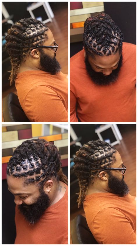 Men Dread Styles For Wedding, Male Loc Updo Styles, Men Loc Styles For Wedding, Halo Loc Styles Men, Mohawk Loc Styles For Men, Locs Designs For Men, Shoulder Length Locs Styles Men, Mens Loc Styles Medium, Professional Loc Styles Men