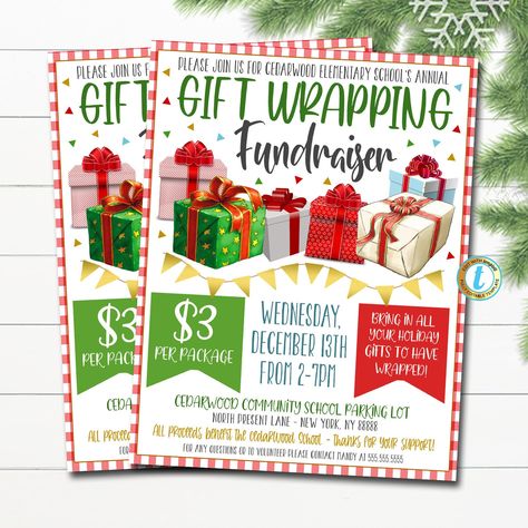 "Holiday Gift Wrapping Fundraiser Flyer Editable Template.  Use this Christmas present fundraiser flyer for schools, churches, businesses and more!  All text is editable so you can customize for your event. TEMPLATE FORMATTED SIZES: 8.5\" x 11\" (Flyer) Front + Back IMPORTANT: This is a DIY self-editing digital, printable product - I do not edit this file for you.  However, I do offer editing services at an extra charge, please reach out if you are interested. THIS IS A DIGITAL PRODUCT. NO PHYSI Christmas Yard Fundraiser, Wrapping Paper Fundraiser, December Fundraising Ideas, November Fundraiser Ideas, Holiday Fundraiser Ideas, Easy Fundraiser Ideas, Booster Club Fundraisers, Gift Wrap Fundraiser, Christmas Fundraiser Ideas