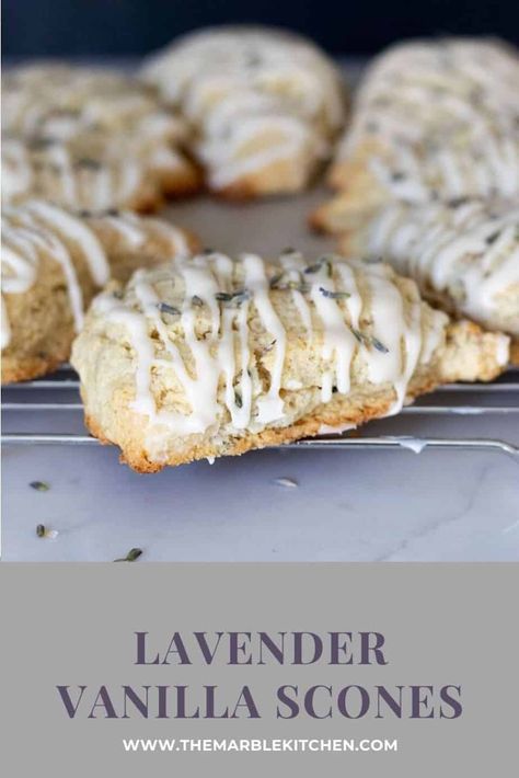 Flaky and light, these lavender vanilla scones are filled with fragrant lavender and topped with a sweet vanilla glaze. #scones #lavender #sconerecipe | themarblekitchen.com Vanilla Scones, Lavender Scones, Sweet Scones, Best Scone Recipe, How To Make Scones, Pumpkin Muffins Easy, Lavender Recipes, No Bake Energy Bites, Spice Muffins