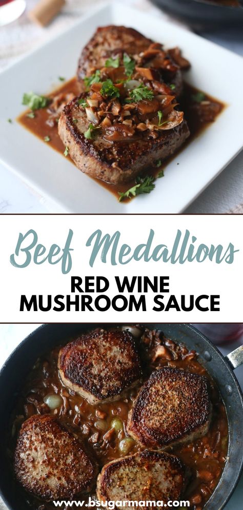 Perfectly-cooked beef medallions bathed in a rich red wine sauce. A simple recipe that makes a delicious dinner. #beef #beefdinner #dinner #cook Red Wine Mushroom Sauce, Beef Medallions, Dinner Beef, Low Carb Low Fat Recipes, Pearl Onions, Red Wine Sauce, How To Cook Beef, Tenderloin Recipes, Low Carb Diet Recipes