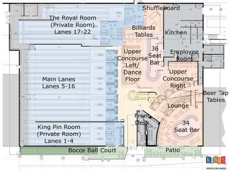 Kings bowling orlando plan layout House Plans With Bowling Alley, Bowling Center Architecture, Bowling Alley Layout, Arcade Layout Design, Bowling Alley Floor Plan, Sims 4 Bowling Alley Build, Bowling Ideas, Duckpin Bowling, Business Interior