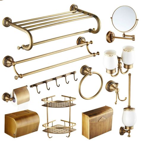 Antique Brass Carved Bathroom Hardware Sets European Bronze Brushed Bathroom Accessories Solid Brass Carved Bathroom Product gy5 Copper Bathroom Accessories, Brass Bathroom Fixtures, Brass Bathroom Hardware, Copper Bathroom, Towel Shelf, Bathroom Decor Luxury, Welding Table, Golden Apple, Bathroom Hardware Set