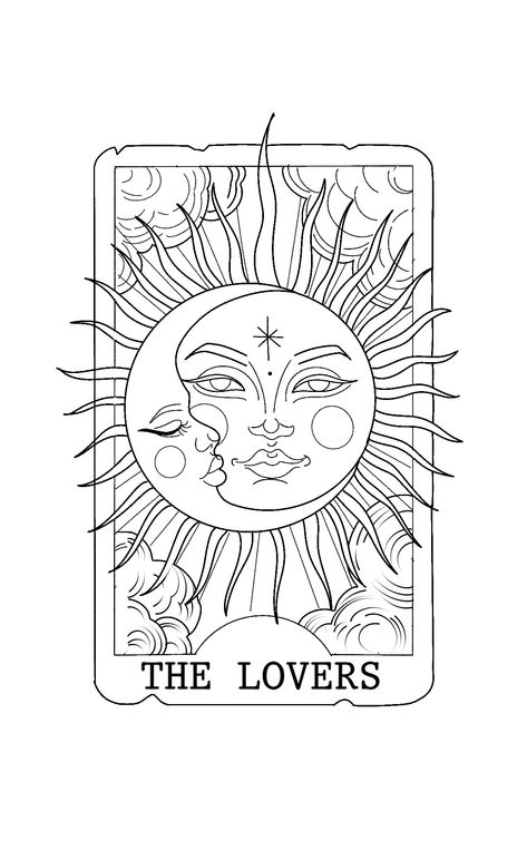 The Lovers Sun And Moon, The Lovers Tarot Card Coloring Page, The Lovers Tarot Painting, The Lovers Tarot Card Tattoo Design, Tarot Card Lovers Tattoo, Tarot Card Tattoo Outline, Sun And Moon Lovers Tattoo, Tarot Tattoo The Lovers, Sun And Moon Tattoo Tarot