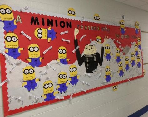 School Welcome Bulletin Boards, Minion Bulletin Board, Bulletin Board Reading, September Bulletin Boards, Minion Classroom, Welcome Bulletin Boards, Elementary Bulletin Boards, Cork Board Wall, Classroom Boards