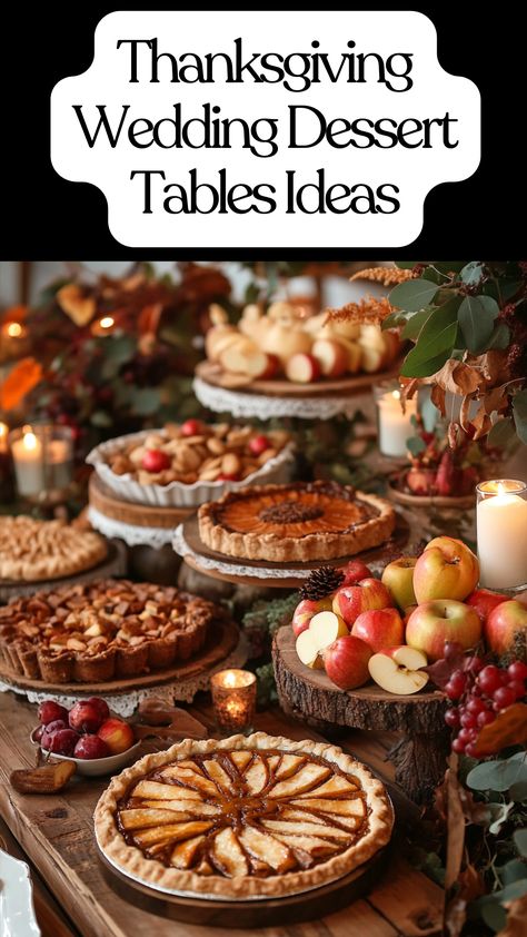 A rustic Thanksgiving wedding dessert table featuring seasonal treats like pumpkin pies and apple crisps, decorated with wooden trays, harvest fruits, and cozy candles for a warm, autumn-inspired look. Dessert Table Ideas Thanksgiving, Pie Bar Display, Thanksgiving Serving Table Ideas, Fall Dessert Buffet, Fall Dessert Table Ideas, Fall Wedding Food Ideas, Thanksgiving Wedding Ideas, Wedding Pie Table, Fall Dessert Table Wedding