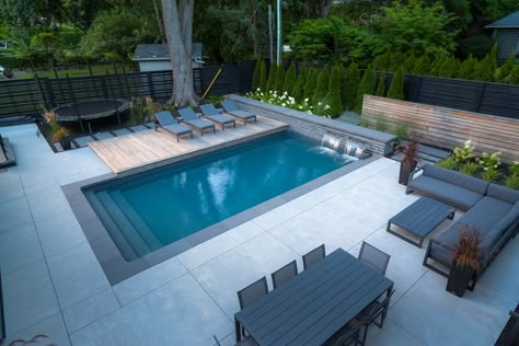 Inground Pool Landscaping, Moderne Pools, White Grout, Rectangle Pool, Sun Deck, Pools Backyard Inground, Patio Steps, Small Pool Design, Family Pool