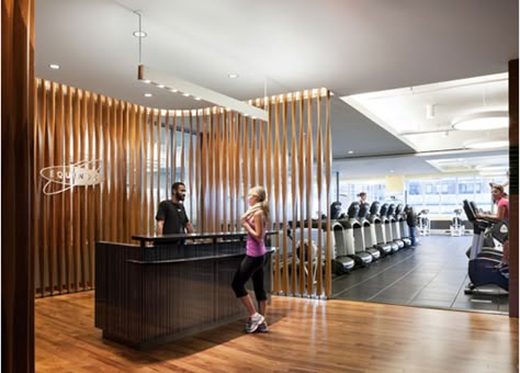 Equinox Gym- slatted partition walls, move along a track? Gym Lobby Design, Gym Partition, Gym Lobby, Lobby Design Ideas, Equinox Gym, Fitness Center Design, Amenity Space, Boutique Gym, Gym Center